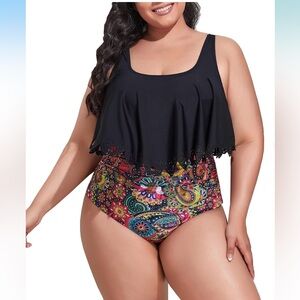 Elegant Black two  Piece Swimsuit with Flouncy Overlay Tankini high waiste
